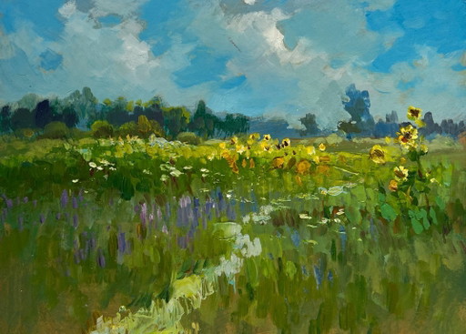 Peinture à l'huile originale, paysage de champ de fleurs et de tournesols