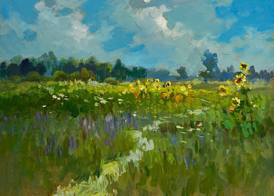 Image 1 of Original Oil Painting Flowers Field Landscape Sunflower fields