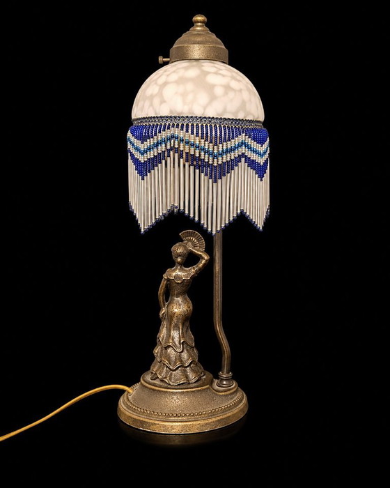 Italiaanse Art Nouveau-stijl Tafellamp met handgeschilderd glas, ca. 1950–1960 Vintage – Tafellampen, Brass (photo 6 of 8)
