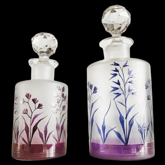 Image 1 of Antieke Moser kristal parfumflesjes set Art nouveau gebrand emaille 19de eeuw