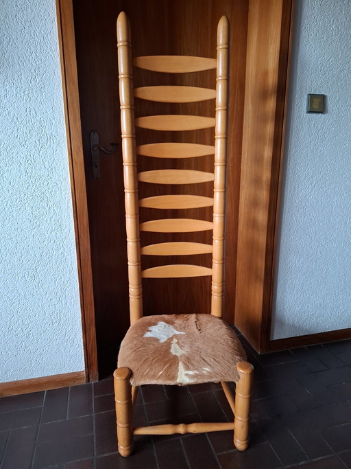 Jaren 70 Brutalistische Hoge Rug Stoel met Authentiek Koeienhuid / Statement Stuk – kuipstoelen, Leather, Wood