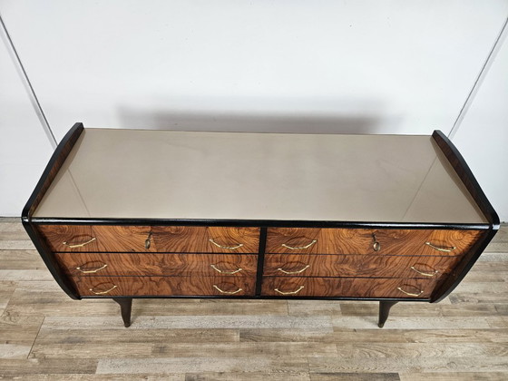 Image 1 of Jaren 50 ladekast met zes laden en glazen blad