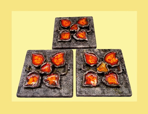 3 Wandkacheln im Fat Lava Stil, 1970er, Blüten, Blätter, Keramik