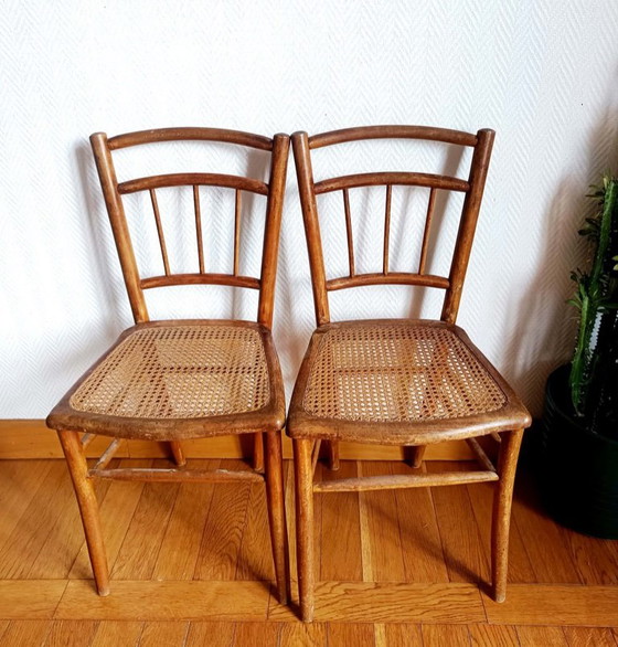2x caned bistro chairs circa 1940, Dining chairs, Wood, Rattan, Brown, Vintage (photo 8 of 13)