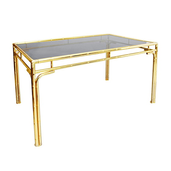 Table de salle à manger italienne méditerranéenne en acier plaqué laiton effet bambou et plateau en verre (photo 3 of 21)
