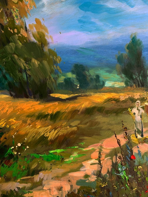 Image 1 of Original Oil Painting Summer Nature Landscape A light breeze on a flower field