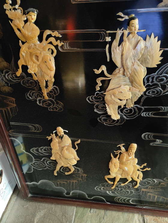 Image 1 of Grande œuvre d'art chinoise vintage laquée noire et ornée de nacre