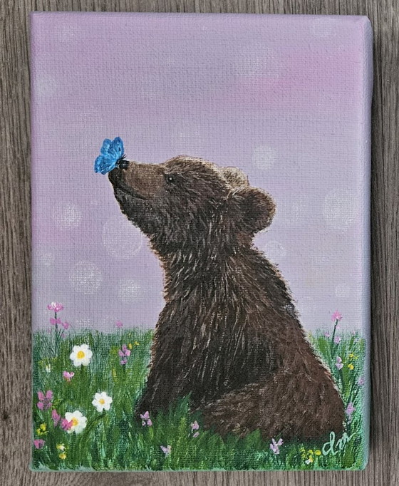 Image 1 of Handmade acrylic painting of a baby bear with a butterfly on its nose