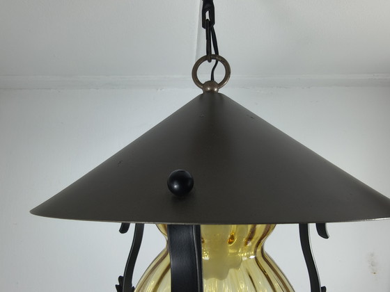 Image 1 of Lampada a sospensione a lanterna con vetro color ambra