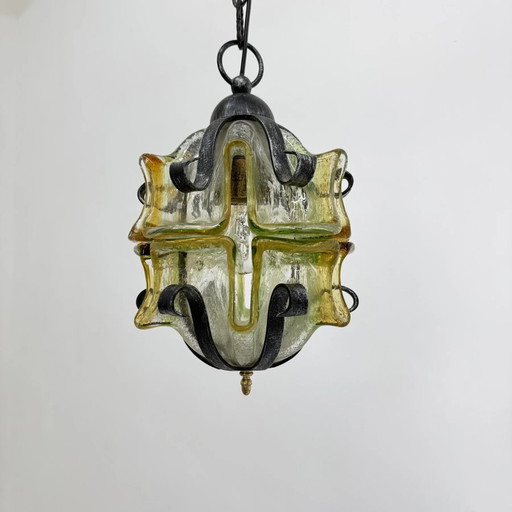 Brutalist glazen en ijzeren hanglamp, jaren 70