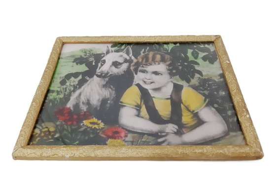 Image 1 of Stampa vintage con cornice - Ragazzo e cane