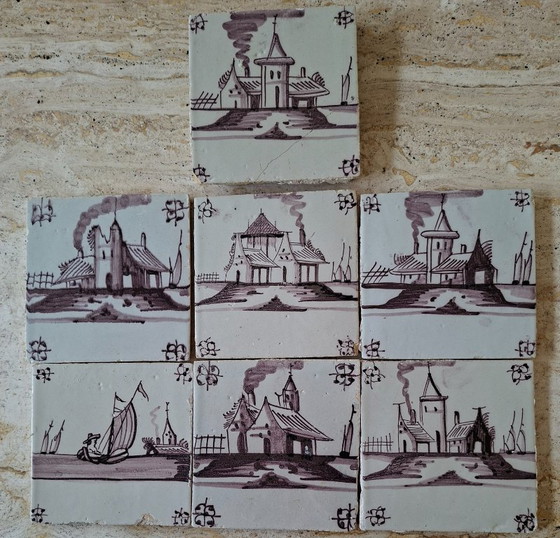 Image 1 of Antique 7 earthenware wall tiles from Delft, Netherlands, dated 1775–1815