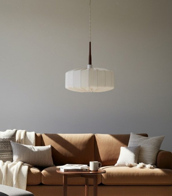 Image 1 of Japandi style wrapped fabric and teak wood hanging lamp shade, Sweden 1950s-60s