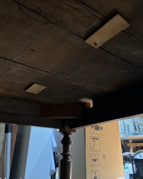 Image 1 of Grande table de ferme ancienne en bois massif – style rustique XIXe – pieds tournés - 181x100m