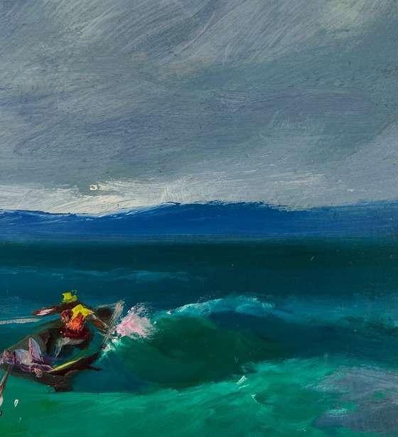 Image 1 of Original Oil Painting Coastal Waves Landscape Fishermen at sea