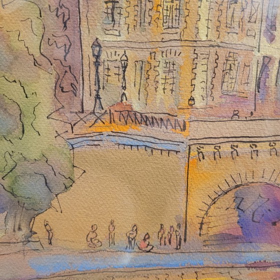 Image 1 of Aquarelle sur papier « Pont Marie, Paris », post-impressionnisme, signée Gilis, 1962 - France