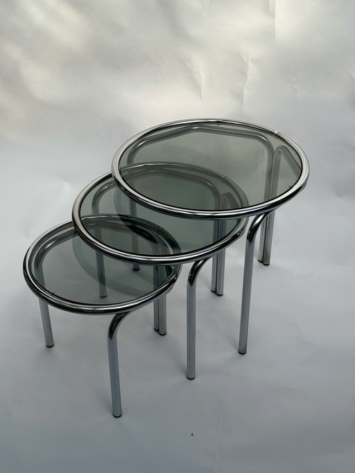 Vintage Space Age Nesting Tables in Chrome and Smoked Glass, 1970s/1980s
