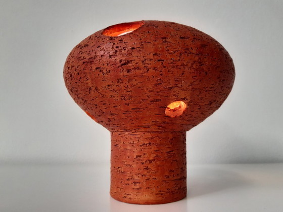 Image 1 of Keramieken vintage tafellamp, chamotte klei, oranje brutalist aardewerken mcm lamp