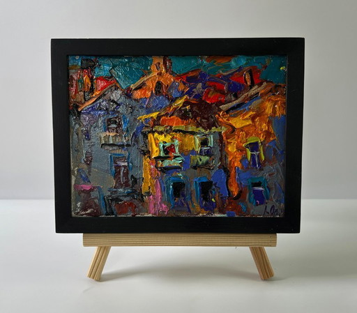 Original Oil Painting Gloomy Houses Landscape The City In Night Lights – schilderijen tekeningen, Canvas