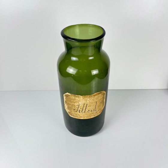 Image 1 of Große antike Apothekerflasche aus grünem geblasenem Glas