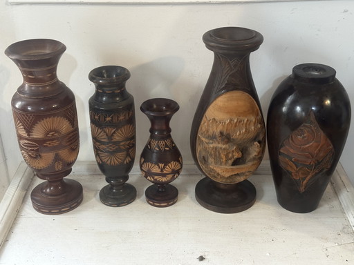 Set di 5 vasi/portacandele in legno vintage di metà secolo – decoratieve objecten, Wood