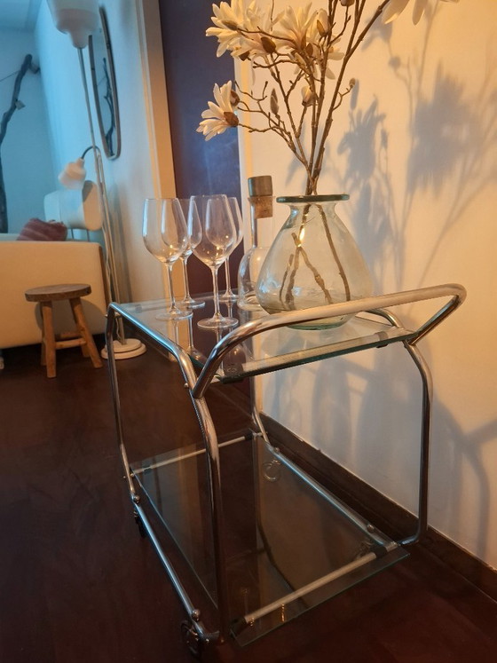 Image 1 of Vintage chromen serveerwagen / barcart – jaren '50/'60 – glas & chroom