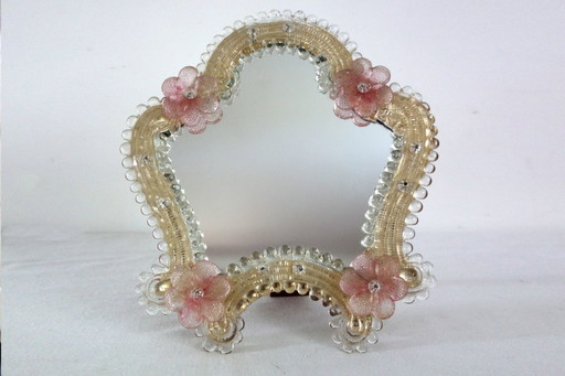 Venetian mirror, in Murano blown glass, with floral and beaded motifs