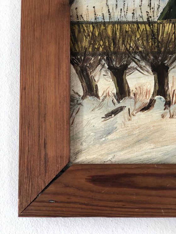 Image 1 of Vintage Original Cottage Oil Painting: Framed Winter Landscape Art