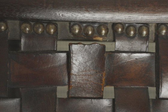 Spanish Revival Leather Stool Woven Leather Footstool Vintage Spanish Colonial Ottoman Rustic Wood Accent (photo 10 of 19)