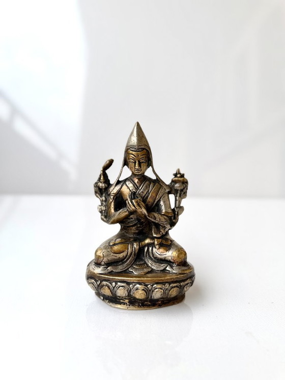 Tsongkhapa Silvered Statue Tibetan Buddhist Lama Engraved Vintage Nepal – Sculpture, Brass (photo 10 of 14)