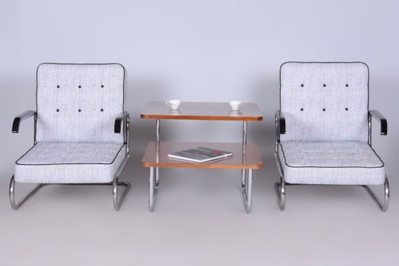 Set of Two Original Bauhaus Armchairs, by Mücke-Melder, Beech, Czech, 1930s – Textile, Wood (photo 9 of 17)
