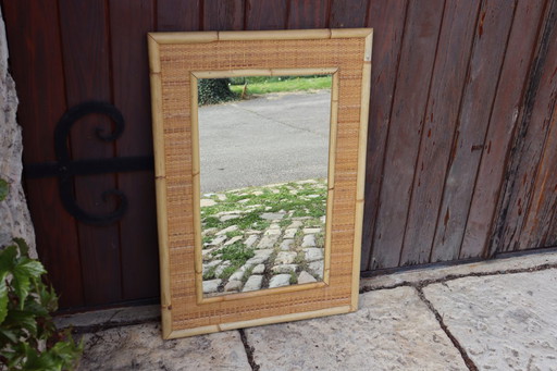 Grande specchio in rattan e bambù di Dal Vera, Italia, 1970