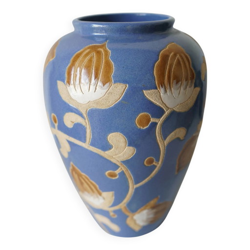 Glazed stoneware vase – floral decoration in relief – Keramis style – 1970s