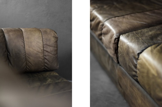 Image 1 of Vintage Mid-Century Modern German Brutalist 2-Seater Brown Leather Bed Sofa, 1970s