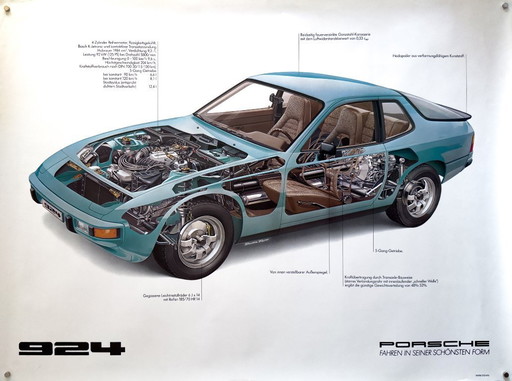 Originele vintage Porsche 924 doorsnede – eind jaren 70 poster / plakat - XL 76 × 102 cm