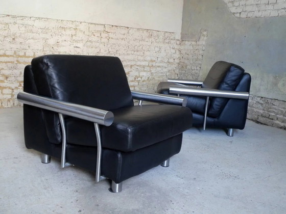 pair of armchairs, black leather & stainless steel, 1990 – Vintage (photo 9 of 14)