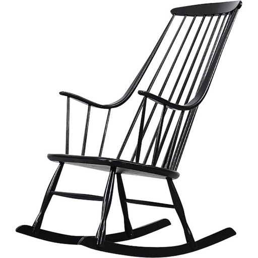Sedia a dondolo vintage svedese Grandessa in legno nero di Lena Larsson per Nesto, anni '60