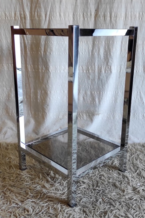 Image 1 of Table D'appoint En Métal Chromé Et Verre Fumé - Années 70/80