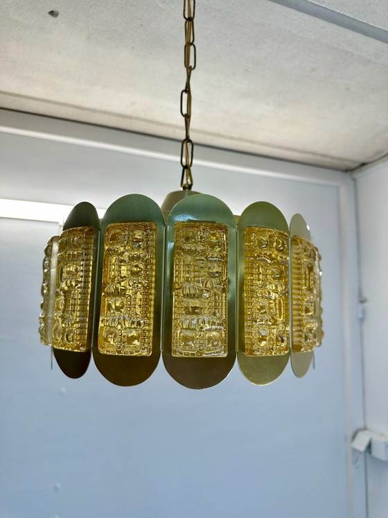 Lampada a Sospensione Plafoniera Vintage Vitrika Vetro Ghiaccio Anni '60 Danimarca, Plafoniere, Metallo (foto 11 di 14)