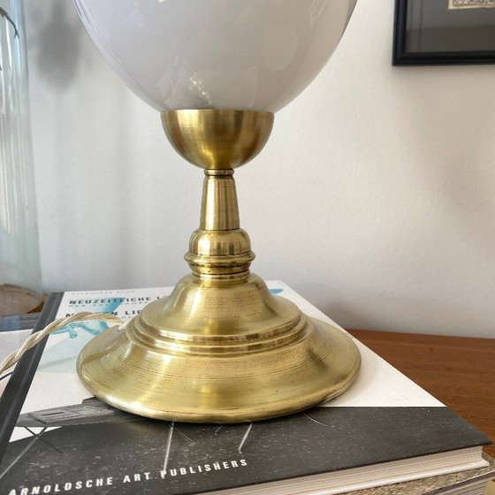 Antique white opaline glass globe table lamp with brass base, Gold (photo 3 of 8)