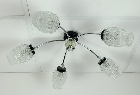 Image 1 of Plafonnier spoutnik à 5 lumières, métal chromé, verre chromé, Mid Century