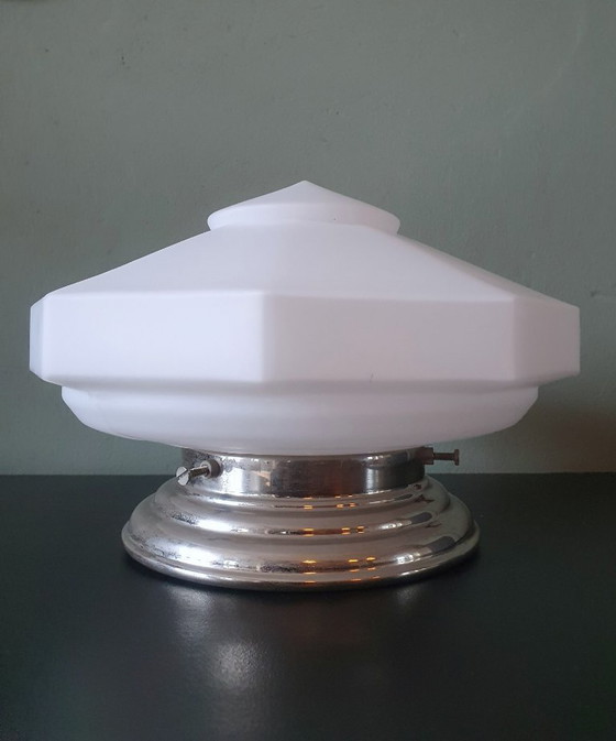 Image 1 of Art Deco ceiling light made of opal glass. Unique shape with a retro design.