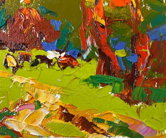 Image 1 of Original Oil Painting Colorful Trees Landscape Summer evening in the forest