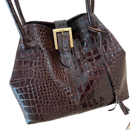 Sac à main italien élégant en cuir véritable aspect crocodile – fabriqué en Italie – comme neuf – top handle tassen, Suede