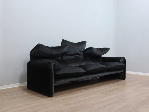 Vintage Cassina Maralunga 3-Sitzer-Sofa aus den 1980er Jahren in Blau und Grün aus Samt.
