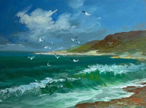 Origineel olieverfschilderij: Zomerkustlandschap, frisheid van de zee