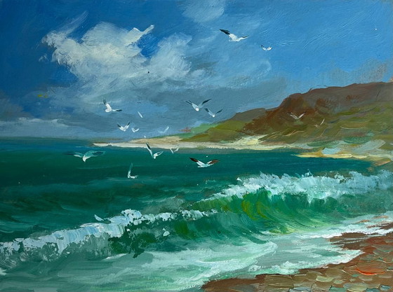 Image 1 of Peinture à l'huile originale Paysage côtier d'été Fraîcheur marine