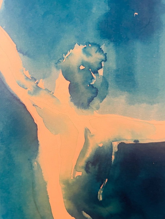 Image 1 of Monochroom blauw aquarel gesigneerd "Blue Lady" Dans