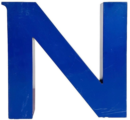 Vintage Blue Iron Facade Letter N, 1970s
