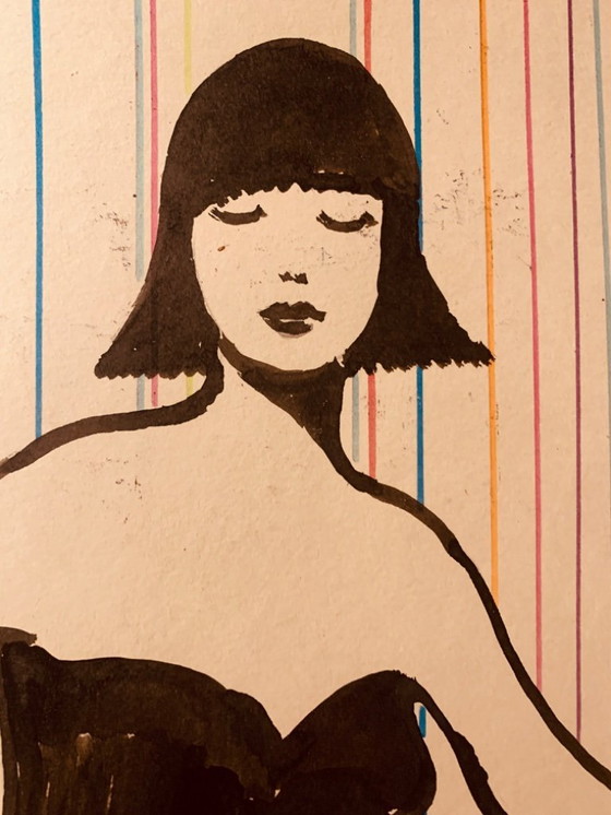 Image 1 of Inkttekening getekend voor een modeprint uit de jaren 70